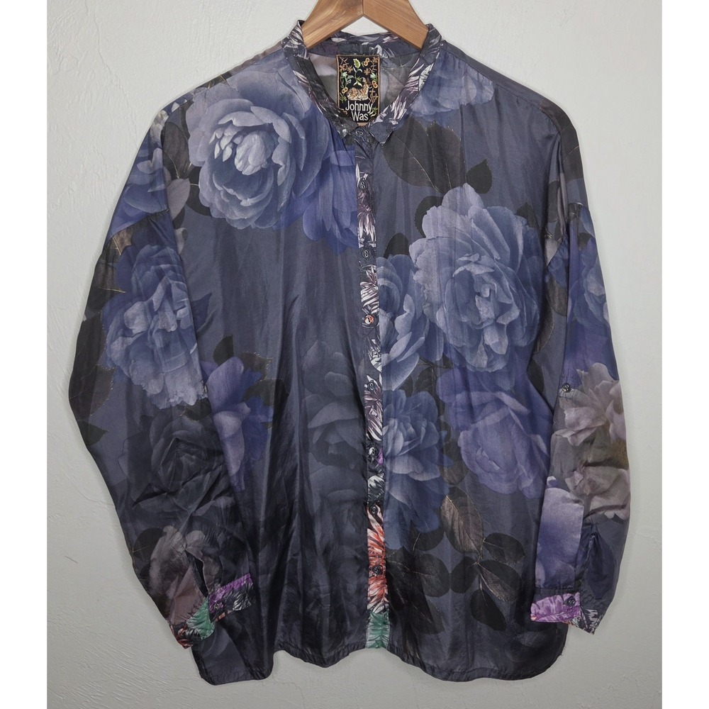 Johnny Was Long Sleeve Floral Button Top Women's Size XS 100% Silk Purple Blue